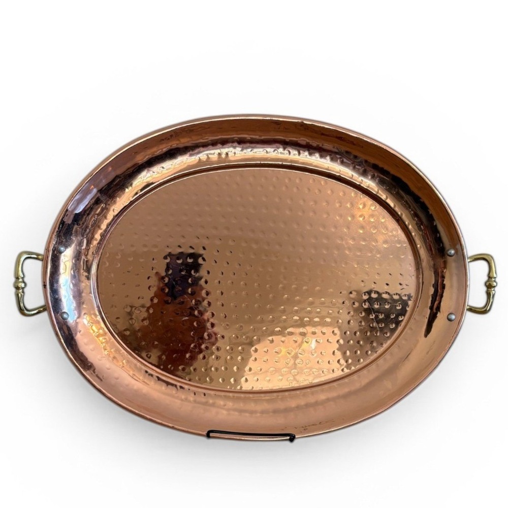 At Home Hammered Copper‎ Oval Serving Tray Brass Handles 17 Inch Made in India